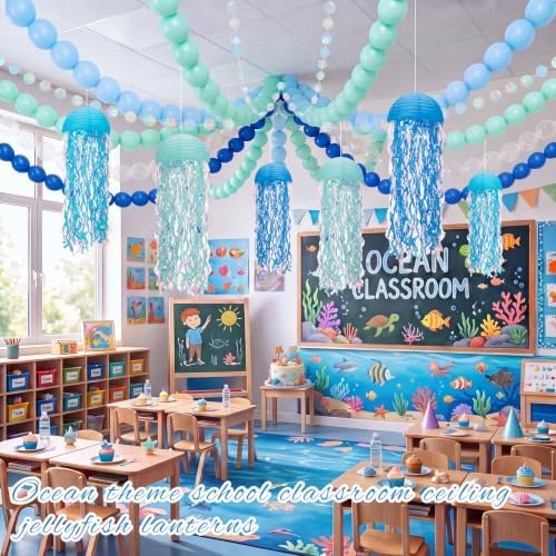 208 Pcs Under the Sea Birthday Party Mermaid Decorations Set 6 Hanging Jellyfish Paper Lanterns 200 Blue Balloon 2 Iridescent Circle Garland for Ocean Beach Party Baby Shower Classroom - Image 7