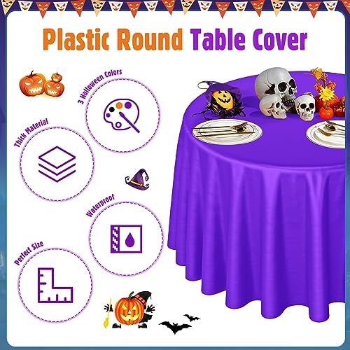 Buryeah 24 Pcs Black, Purple, Orange Round Plastic Tablecloths 84 Inch - Image 3