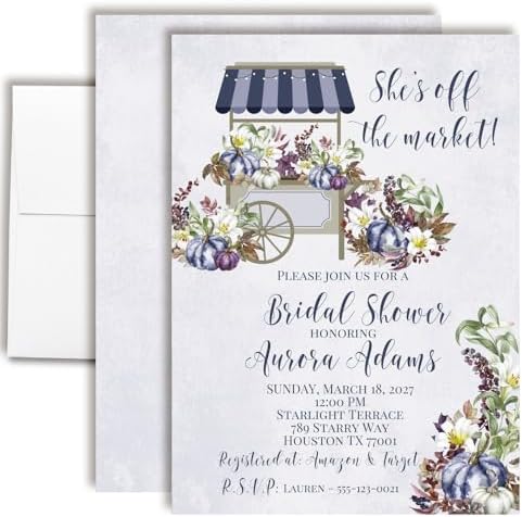 Off the Market Bridal Shower Invitations with Purple Pumpkins – 20 Personalized Rustic Fall Floral 5x7 Cards with Twenty Envelopes – Custom Autumn Wedding Shower Invites by AmandaCreation by AmandaCreation