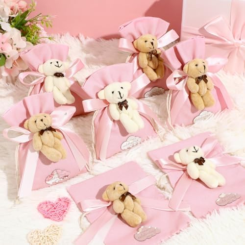 Shinylin 24 Pcs Bear Gift Bag Bulk for Baby Shower Guest Favor 5.3 x 7.1 Inches Candy Cute Plush Bear Drawstring Bag with Bow Thank You Acrylic Sign for Baby Boy Girl Party Decorations(Pink) - Image 4