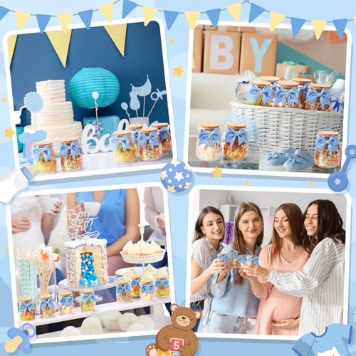Funnymoom 24 Sets Baby Shower Bottles Favors for Guests Glass 100 ml Milk Jar with Ribbons and Stickers Decorations for Gender Reveal Newborn Centerpiece Party Favor(Dusty Blue,Baby) - Image 6