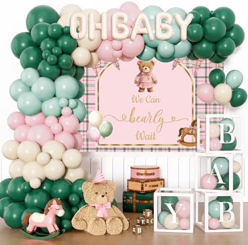 Costova Bear Baby Shower Decorations for Boys, Teddy Bear Plaid Party Supplies with Balloon Boxes, Pink Green and White Balloon Garland Arch Kit, We Can Bearly Wait Backdrop OH BABY Foil Balloons by Unknown