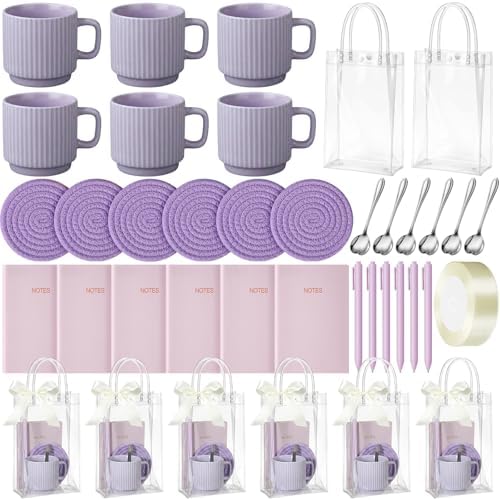 36 Pcs/6 Sets Baby Shower Prizes for Winners Include Ceramic Mugs with Spoons Woven Coasters Notebooks with Pens Clear PVC Gift Bags for Bridal Shower Party Favors(Purple) by Acellegic