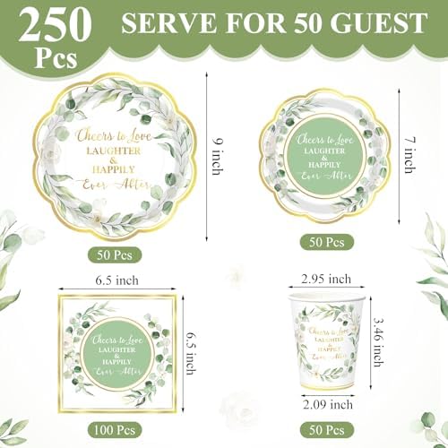 Funnymoom 250 Pcs Cheers to Love Sage Green Gold Eucalyptus Party Plates - Image 2
