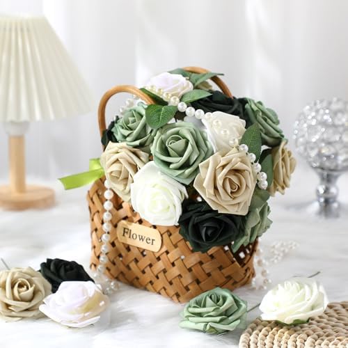 100 Pcs Artificial Foam Rose Flower Faux Bouquet Wedding Fake Rose Gift for Mother's Day Women DIY Bridal Shower Party Table Birthday Home Spring Decor (Shades of Emerald) - Image 5