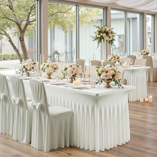 6 pk Ivory Spandex Tablecloth for 8 Foot Rectangle Tables,Wrinkle Free High Stretchy Cream Fitted Tablecloths with Ruffle Skirt, Elastic Spandex Table Covers 8 ft for Parties Weddings Banquet - Image 3