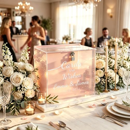 OASF&QPPTY Custom Wedding Card Box with Lock, Elegant Personalized Wedding Card Box for Reception, Graduation, Baby Shower - Secure PVC Money Box for Cards and Well Wishes, Elegant Party Table Decor - Image 2