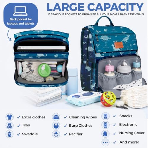PILLANI Baby Diaper Bag Backpack - Large Waterproof Travel Diaper Bag for Boys & Girls, 16 Organizer Pockets with Changing Pad, Insulated Bottle Pockets & Stroller Straps, Baby Shower Gifts, Dinosaur - Image 2