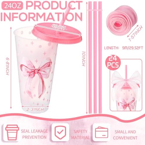 Willinglong 24 Pink Bow Cups with Lid Straw Galentines Party Favor 24 oz - Image 2