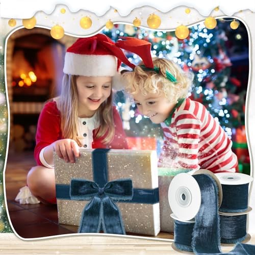 Preboun 4 Rolls Christmas Velvet Ribbon 24 Yards,Teal,2 Inch - Image 6