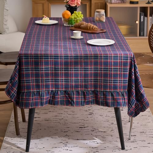 vctops Christmas Navy Plaid Ruffle Table Cloth, Farmhouse Cotton Linen Tablecloth, Washable Table Cover for Square Table Baby Shower Kitchen Party Wedding Decor (Navy,70"x70") - Image 2