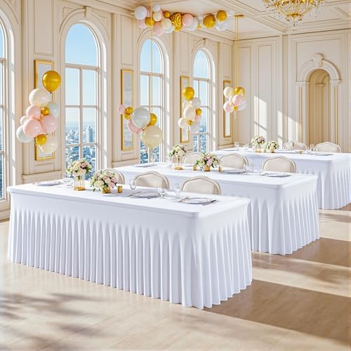 Suppromo 8ft White Spandex Tablecloths for Rectangle Tables Wrinkle Free White Rectangle Table Cloth, Stretch Fitted Table Cover with Skirt for Wedding Birthday Party Banquet Baby Shower Buffet Event - Image 5