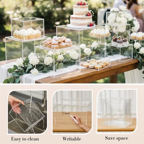 Leinuosen 7 Pcs Extra Large Buffet Risers Set 8" to 14" Acrylic Display Box Square Catering Dessert Table Riser Food Display Decorative Stand with Hollow Bottom for Catering Supplies(Clear) - Image 3