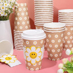 Whaline 50 Pcs Summer Daisy Disposable kraft Paper Cups with Lids and Sleeves 16 Oz Boho Groovy Smile Daisy Flower Coffee Cups for Summer Wedding Birthday Table Decor Party Supplies - Image 4