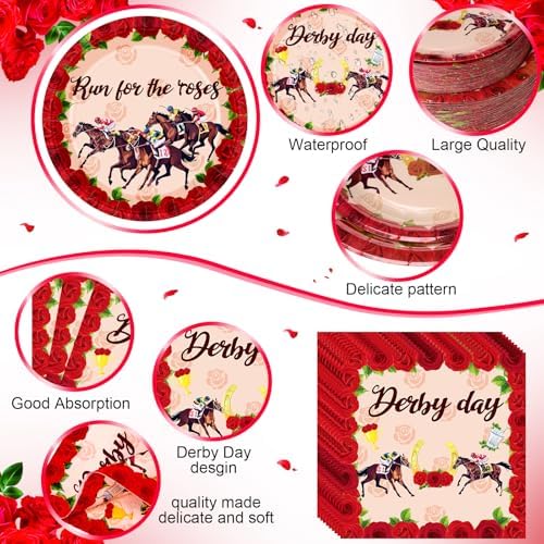 Funnymoom 400 Pcs Derby Run for The Roses Party Supplies, Horse Racing Paper Plates Napkins Cups Cutlery Set, Western Cowboy Disposable Dinnerware for Preakness Party Bridal Shower, Serves 50 Guests - Image 3