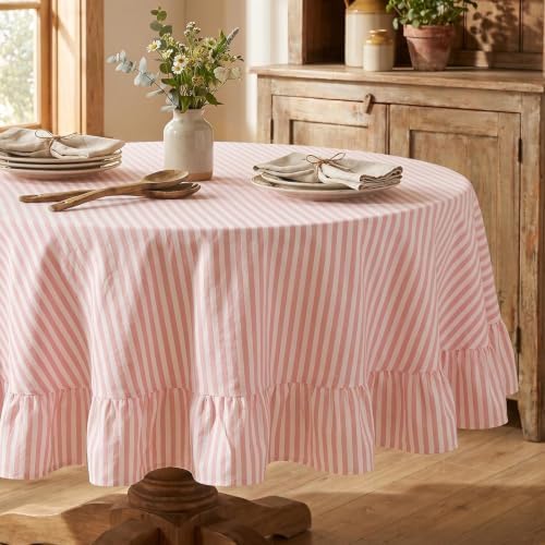 Eternal Beauty Striped Ruffled Round Tablecloth 60 Inch Pink White - Image 2