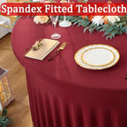 6 Pack Burgundy Spandex Round Tablecloths for 72in Table, Stretchy 132inch Fitted 6FT Round Table Cloths, Wrinkle Free Maroon Table Cover with Skirt for Wedding Party Dining Banquet - Image 2