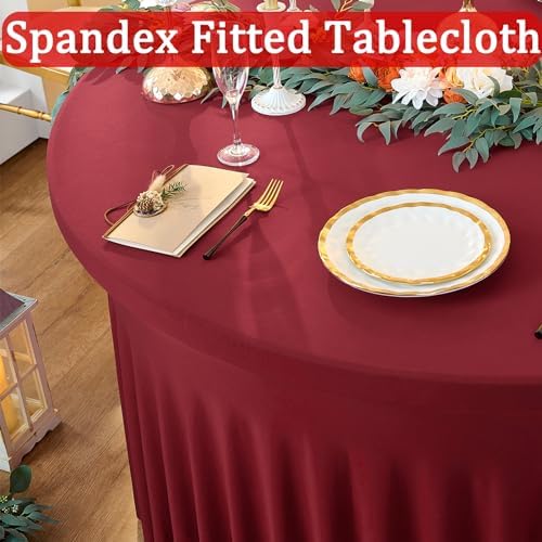 6 Pack Burgundy Spandex Round Tablecloths for 72in Table, Stretchy 132inch Fitted 6FT Round Table Cloths, Wrinkle Free Maroon Table Cover with Skirt for Wedding Party Dining Banquet - Image 2