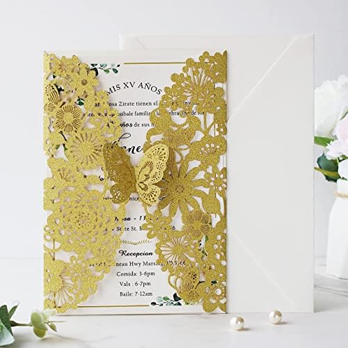Hosmsua 5.12 x 7.3 Inch 50PCS Gold Laser Cut Lace Flora Butterfly Quinceanera Invitation Cards and Envelopes Customized Printed Invitations for Quinceañera Wedding Invite (Gold Glitter) - Image 4