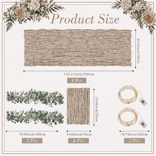 Cinrobiye 11pcs Cheesecloth Table Runner Set 120 Inch – Gauze Table Runner with Napkins, Eucalyptus Garland & String Lights for Wedding Baby Shower Table Decor, Rustic Boho - Image 2
