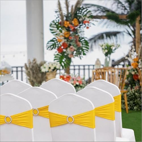 Spandex Yellow Chair Sashes 100 Pack Wedding Chair Bows Bands Silver Buckle - Image 3