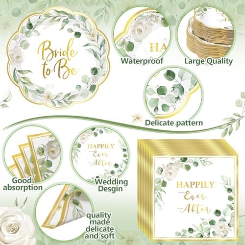 Funnymoom 452 Pcs Sage Green Bridal Shower Decorations for 50, Bride to Be Bridal Shower Paper Plates Napkins Cups Tablecloth Cutlery Straws for Eucalyptus Leaves Wedding Party Supplies - Image 3