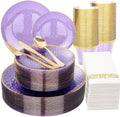 Rubtlamp 175 Pcs Purple Plastic Dinnerware Set (25 Guests), Clear Purple Plates With Gold Rim, Hammered Party Platos, Plates And Cups And Napkins Sets for Wedding, Party&Graduation by Rubtlamp