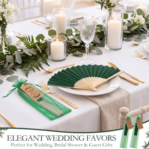 Roowest 50 Pack Paper Folding Fans Bamboo Wedding Favors, Dark Green - Image 5