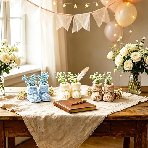 3 Sets Baby Shower Centerpieces, Knitted Booties with Artificial Flowers - Image 5