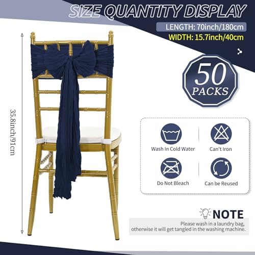 50 PCS Cheesecloth Chair Sashes Bows Wedding Aisle Decorations Chair Ribbon Ties Back Sash for Wedding Party Events Banquet Chair Cover Decoration (Navy Blue) - Image 2