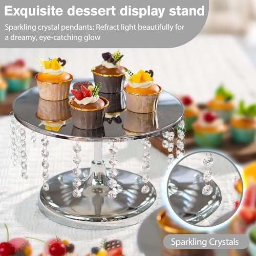 2 Pcs Silver Metal Mirror Cake Stand Set with Crystal Pendants - 11.8"W Elegant Dessert Table Display for Weddings, Birthday Parties, Baby Showers, Events - Sturdy Crystal Bling Cupcake Stands for Pastries, Sweets, Decorations - Image 4