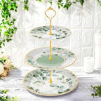 Lallisa 3 Tier Greenery Dessert Stand 10", 9" and 7" Ceramic Sage Green Eucalyptus Tiered Serving Tray with Gold Rack, Round Cupcake Display Tower for Wedding Baby Bridal Shower Tea Party Decoration by Lallisa