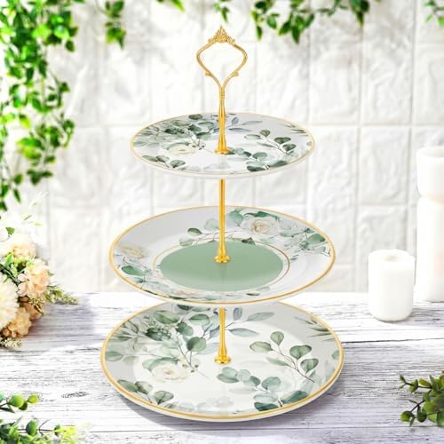 Lallisa 3 Tier Greenery Dessert Stand 10", 9" and 7" Ceramic Sage Green Eucalyptus Tiered Serving Tray with Gold Rack, Round Cupcake Display Tower for Wedding Baby Bridal Shower Tea Party Decoration by Lallisa