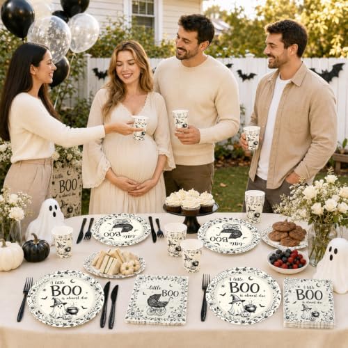 144 Pcs A Little Boo Is Almost Due Baby Shower Plates and Napkins Cups Party Supplies Disposable Vintage Little Boo Tableware Set for Halloween Baby Shower Decorations - Image 5