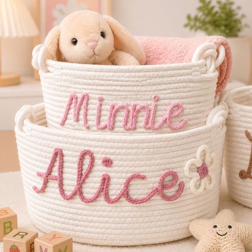Large Personalized Baby Basket - Custom Name Cotton Rope Diaper Storage Organizer, Decorative Woven Nursery Hamper, Infant Gift For Boys Girls(M:35X13X19CM) by Unknown