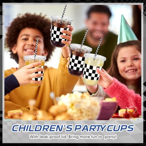 LemonRoad 50sets 16oz Checkered Cups Race Car Birthday Party Decorations Supplies Plastic Cups Disposable with Lids and Straws for Racing Themed Party Christmas Birthday Wedding Baby Shower Decoration - Image 6