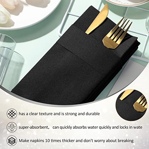 Cindeer 150 Pcs Black Linen Dinner Napkins with Built in Flatware - Image 3