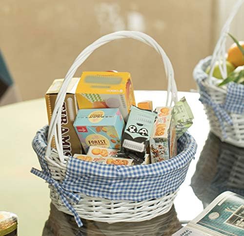 White Round Willow Wicker Gift Basket with Blue Gingham Liner & Handle, Medium – Decorative Foraging, Picnic, Storage Basket - Image 3