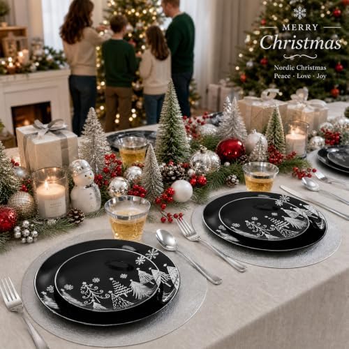 KIRE 150PCS Christmas Plates Disposable & Dinnerware Set for 25 Guests - Black & Silver Plates, Plastic Silverware & Cups With Silver Rim for Christmas/New Year - Image 6