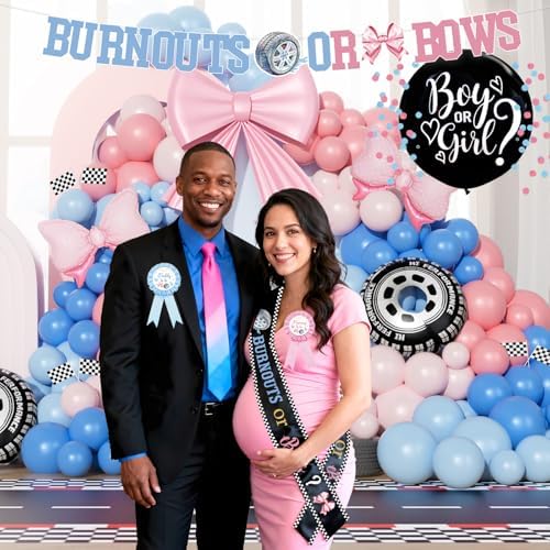 Burnouts or Bows Gender Reveal Decorations, 151 Pcs Boy or Girl Gender Reveal Party Supplies with What Will Baby Be Backdrop, Pink Blue Balloon Garland, Boxes - Image 6