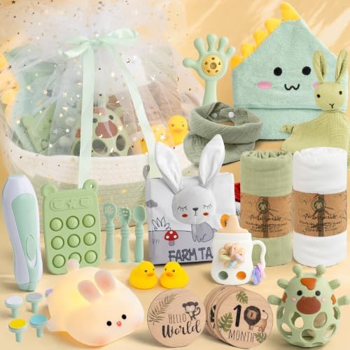 Baby Shower Gifts for Girls, 26 Piece Deluxe Baby Gift Basket - Baby Girl Gift Basket with Bunny Night Light, Electric Nail Trimmer, Bath Towe, Rattle & Milestone Cards for New Mom (Green) by Unknown