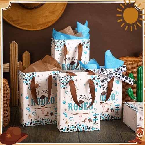 50 Pcs My First Rodeo Birthday Party Favors Bags with Handles for Guest Western Cowboy 1st Birthday Gift Bag with Tissue Paper Ribbons Cowboy Candy Bag My First Rodeo Party Supply(Blue) - Image 4