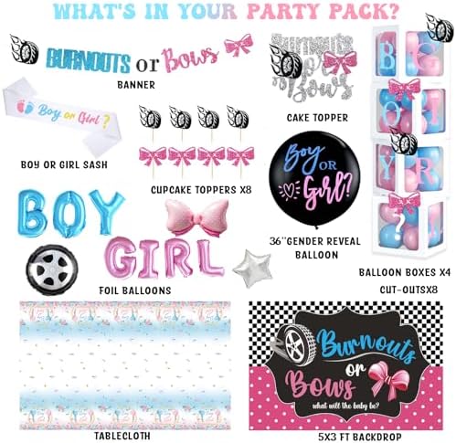 Burnouts or Bows Gender Reveal Decorations, Baby Boy or Girl Gender Reveal Party Decorations, What Will the Baby Be Backdrop Balloon Banner Tablecloth Cake Cupcake Topper Box Sash Pink Blue - Image 2