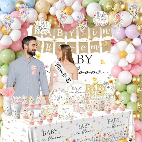 275Pcs Baby in Bloom Baby Shower Decorations for Girl Wildflower Baby in Bloom Disposable Paper Plates,Balloons Arch,Cake Topper,Backdrop,Cup,Tablecloth for Floral Baby Shower Party Decor Supplies - Image 2