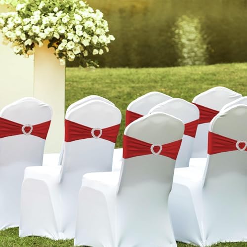 100PCS Spandex Stretch Red Chair Sashes Bows Universal Elastic Chair Cover Bands Ties with Buckle Slider for Wedding Party Birthday Reception Event Banquet Decoration(Red) - Image 2