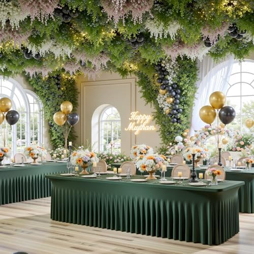 6 Pack Hunter Green Spandex Tablecloth for 8 Foot Rectangle Tables, Wrinkle Free Fitted Table Cloth Cover 8FT Green Stretchy Tablecloths with Skirt for Parties Weddings Birthday Banquet Baby Shower - Image 4