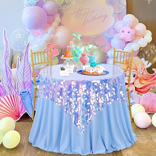 QueenDream Rectangle Sequin Blue Mermaid Tablecloth - 51x106 Inch Sequin Fabric Rectangle Table Cloths Mermaid Birthday Ocean Party Decoration - Image 6