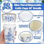 Vesici 60pcs 14oz Blue and White Disposable Coffee Cups with Lids and Sleeves Chinoiserie Toilet Floral Coffee Cup Botanical Herb Paper Cup for Summer Birthday Wedding Bridal Shower Tea Party Supplies - Image 3