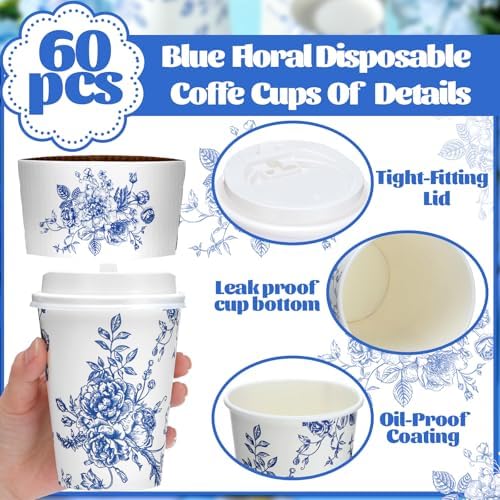 Vesici 60pcs 14oz Blue and White Disposable Coffee Cups with Lids and Sleeves Chinoiserie Toilet Floral Coffee Cup Botanical Herb Paper Cup for Summer Birthday Wedding Bridal Shower Tea Party Supplies - Image 3