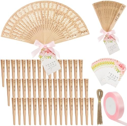 50 Sets Wooden Hand Fan Sandalwood Wood Handheld Folding Fans with Ribbon Thank You Tag for Wedding Guests Baby Shower Birthday Bridal Gifts Party Favors(Pink,Floral) by Unknown